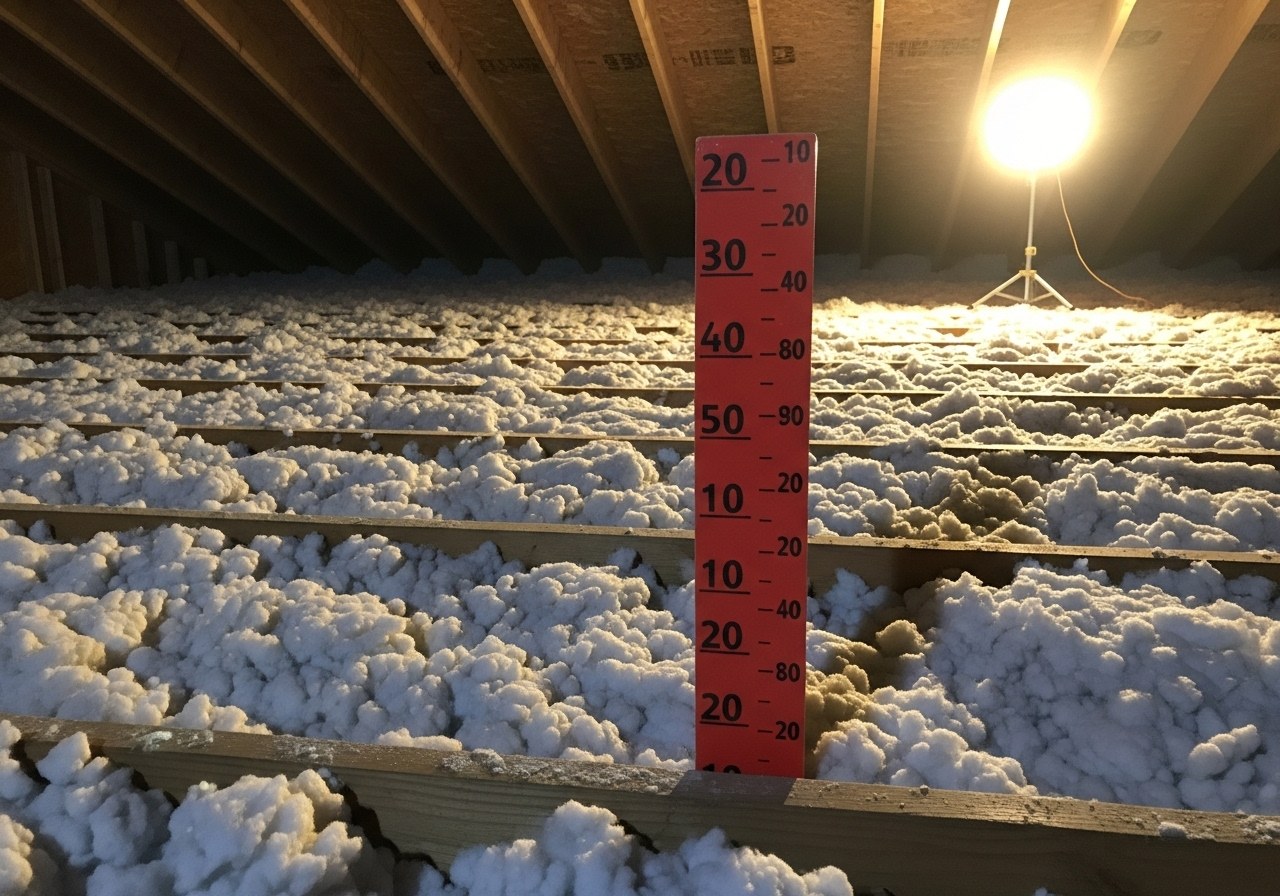 Finished blown-in fiberglass insulation with depth marker — Frisco, TX