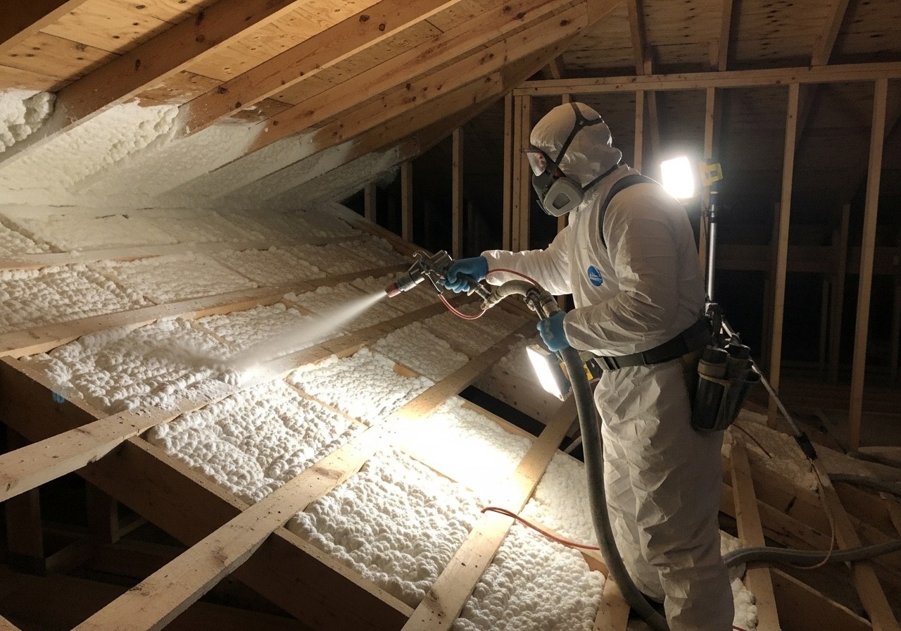 Technician spraying closed-cell foam onto attic roof decking — Frisco, TX